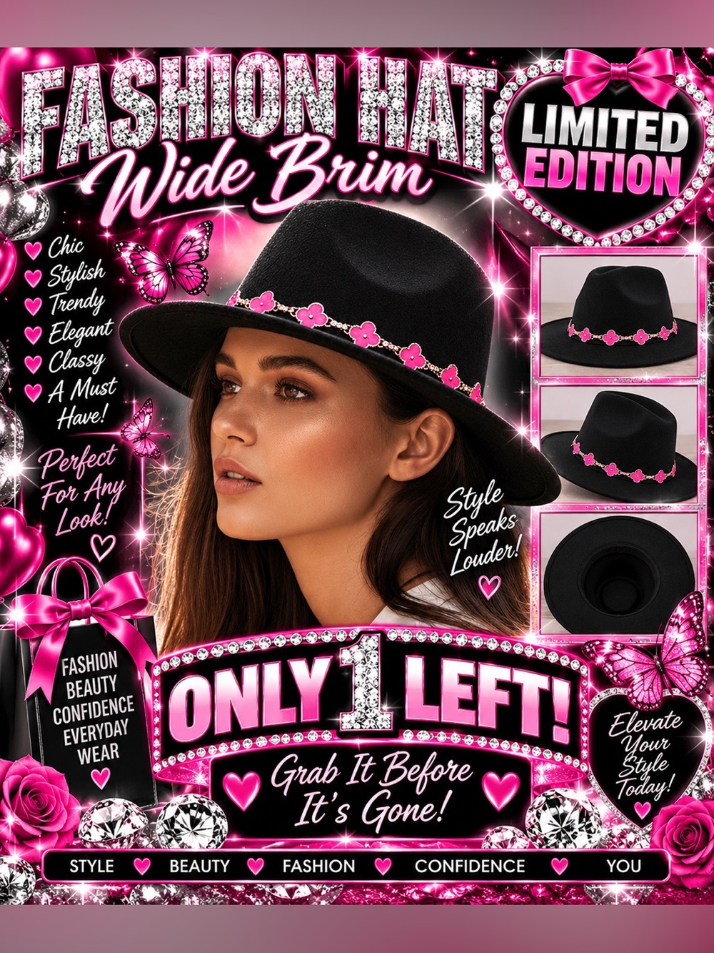 Wide Brim Fashion Hat with Pink Flower Trim - Limited Edition